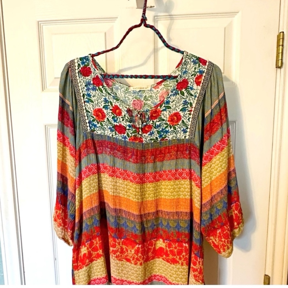 Boho Floral Stripe Peasant Top - Multicolor